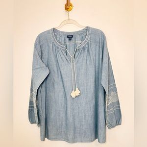 J.Jill Denim 100% Cotton Peasant Embroidered Tassel Top Size L